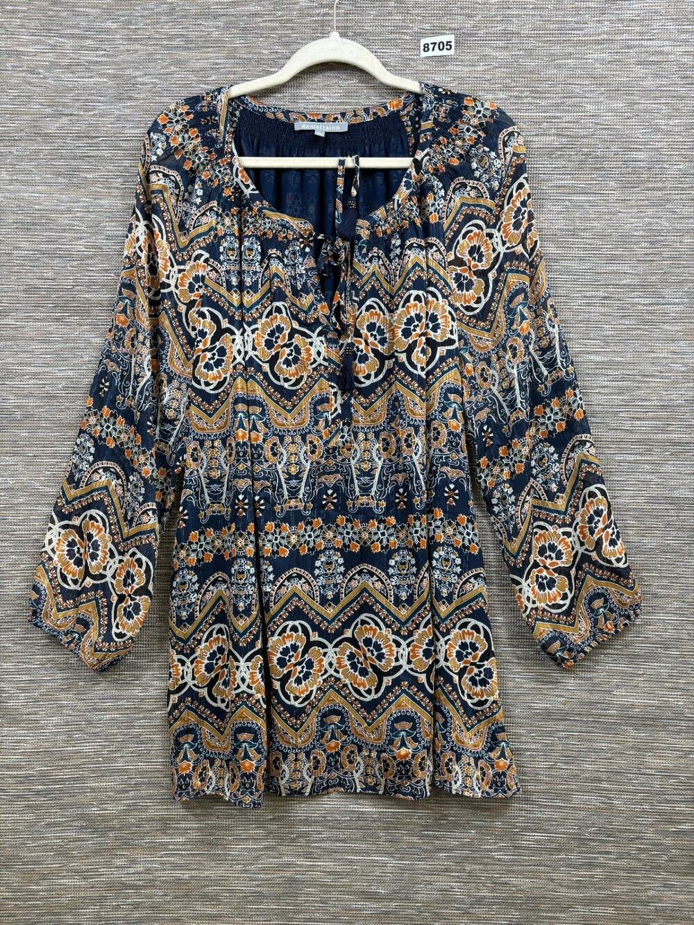 Daniel Rainn Top Womens Size 2X Blue Sheer Pintuck Blouse Roll Tab Sleeve Boho